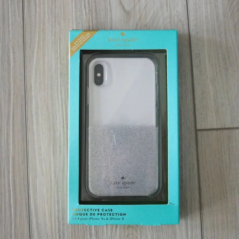 NWT Kate Spade iPhone X & Xs Clear Silver Glitter and clear Protective Case NIB